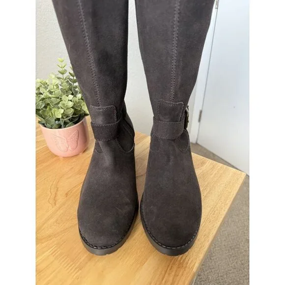 DONALD J PLINER Beso Brushed Suede Knee High Riding Buckle Boots Brown Western - Picture 4 of 10